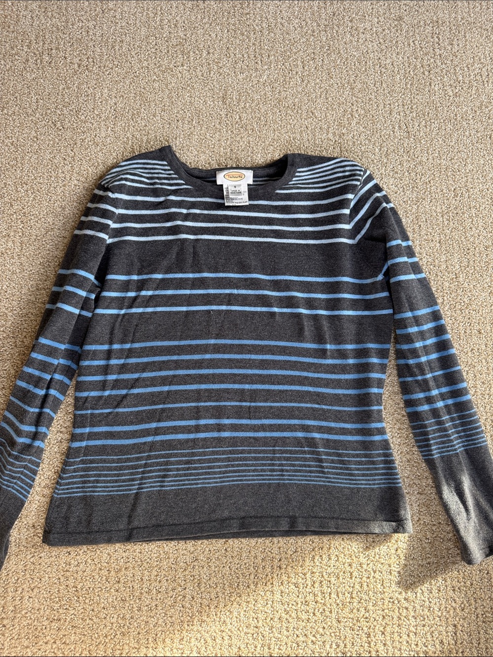 Talbots Women’s Charcoal Gray Crewneck Sweater with Light Blue Stripes